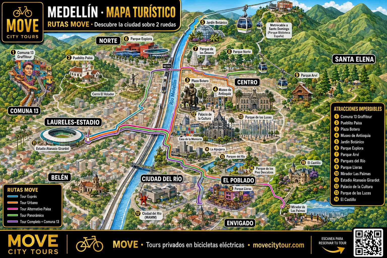Mapa turístico de Medellín — sitios imperdibles y rutas MOVE en bicicleta eléctrica